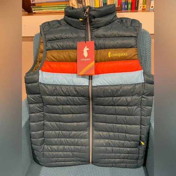 Cotopaxi Fuego Down Vest NWT Men’s M Deep Ocean Stripes Retro Look Gear for Good - Picture 1 of 6